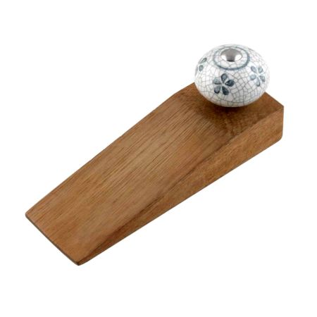 Grey Floral Crackle Ceramic Wooden Door Stopper